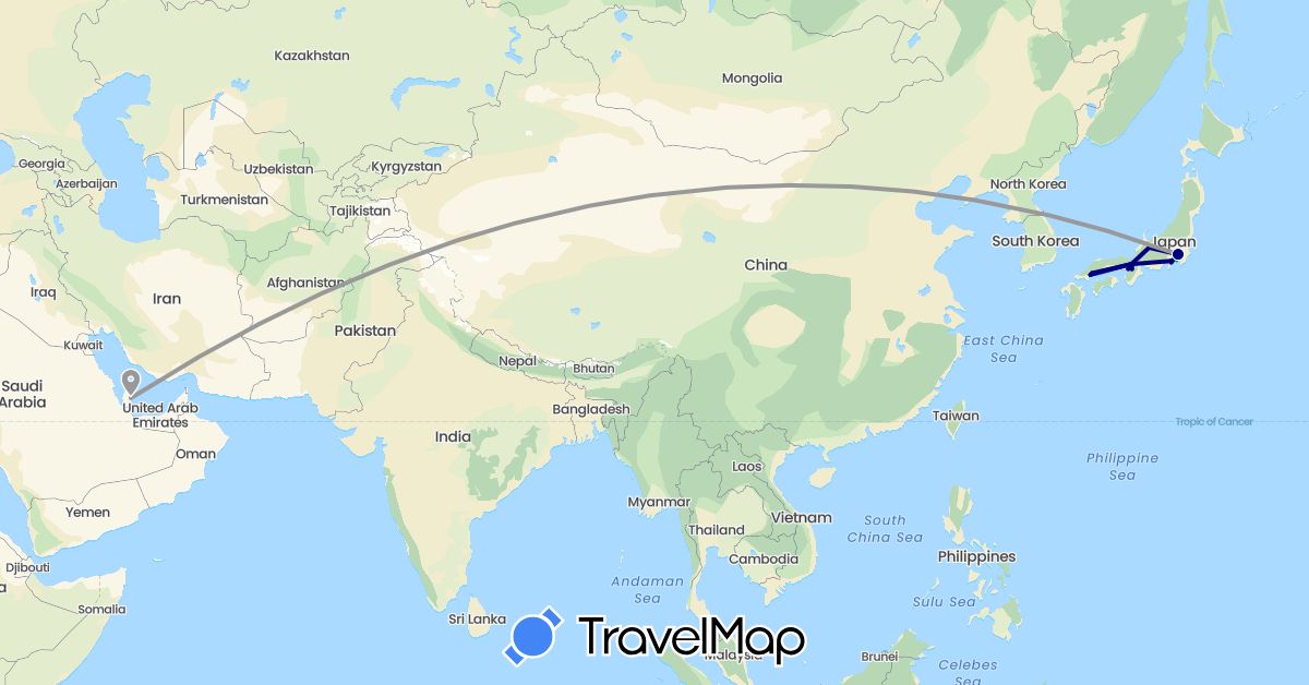 TravelMap itinerary: driving, bus, plane in Japan, Qatar (Asia)